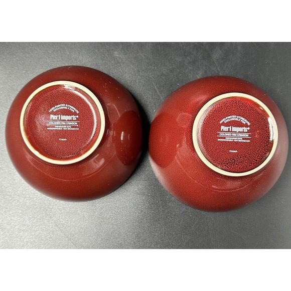 Pier 1 Hand Painted Stoneware Colored Rim Crimson Bowls 6 Inch Diameter Set of 2 - Picture 6 of 7